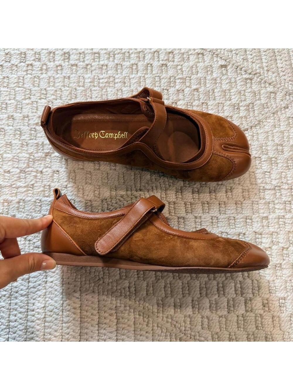 Jeffrey Campbell "Thalion" Mary Jane Tabi Flats in Tan Suede Combo